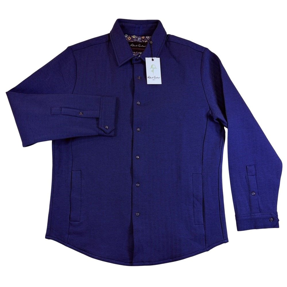 Robert Graham Elbridge Shirt Jacket Men Large Blue Herringbone Snap Front $248